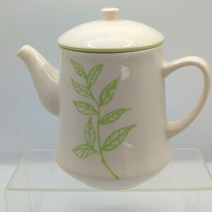 Vintage Starbucks Tazo Teapot Ceramic White Botanical Green Leaf 38 oz.